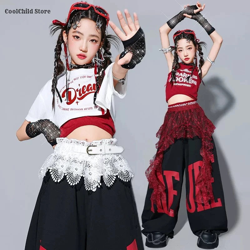 Girls Hip Hop Crop Top Loose Street Dance Letters Pants Children K-pop Streetwear Girl Group Clothes Set Kids Jazz Stage Costume