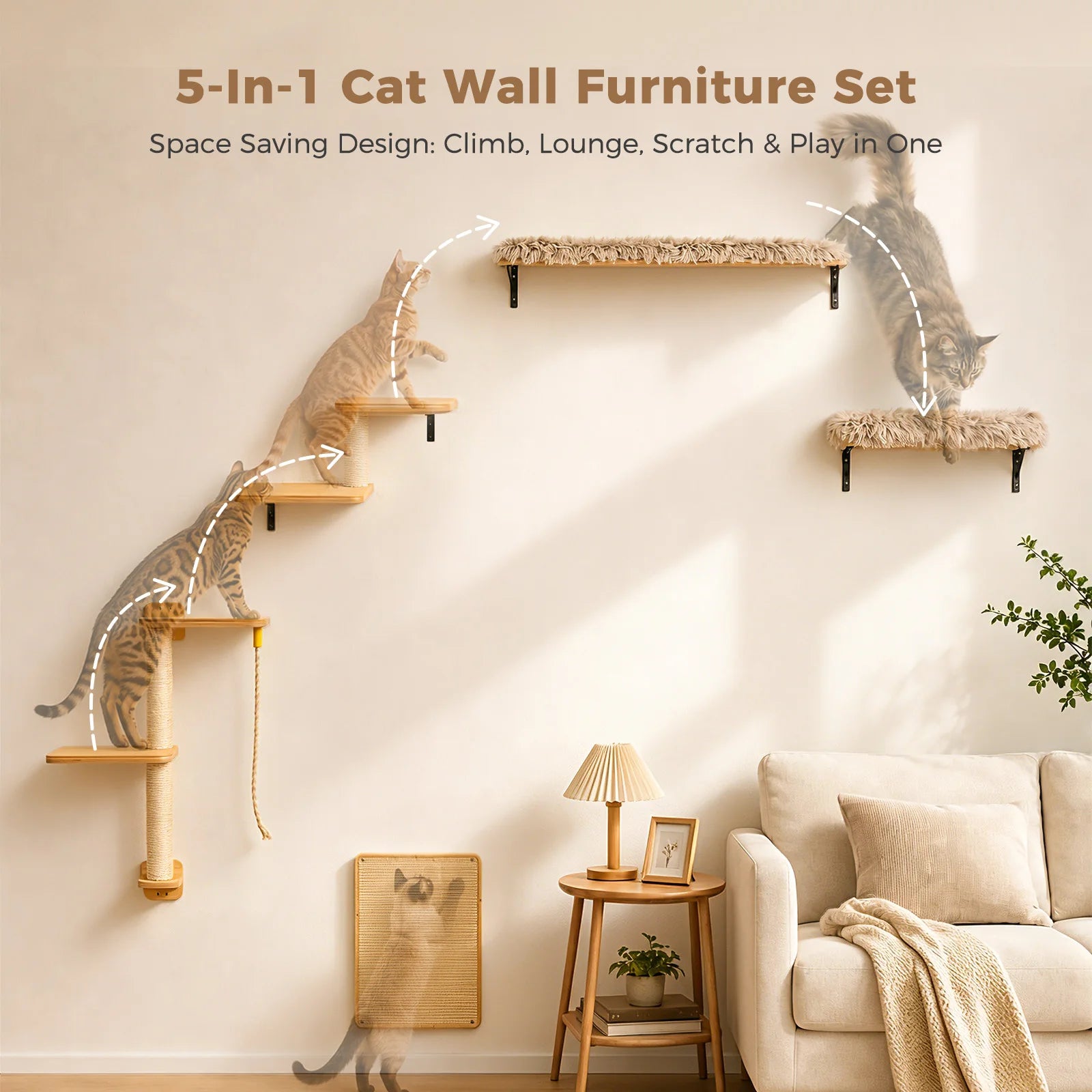 Wooden Cat Climbing Wall Shelves 5-in-1 Cat Wall Furniture with Perches Sisal Scratching Posts & Scratcher Pads Climbing Ropes Modern Climbing Set for Indoor Cats Accessories Cat Toys