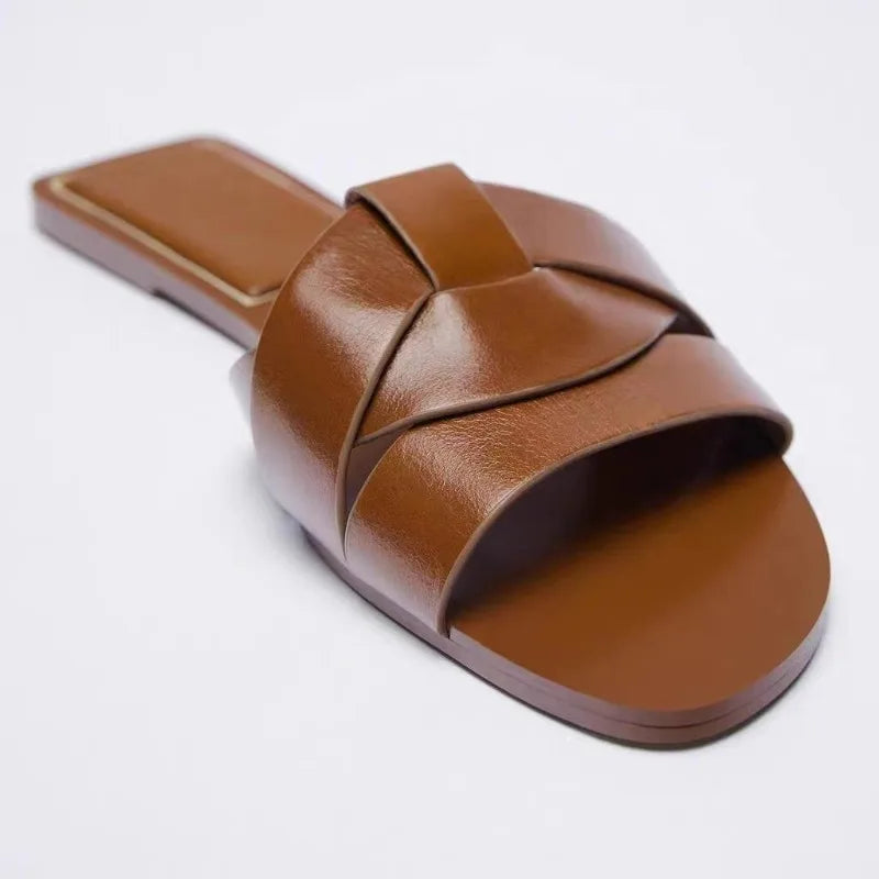 Mules plates à bout carré avec bride tressée femme