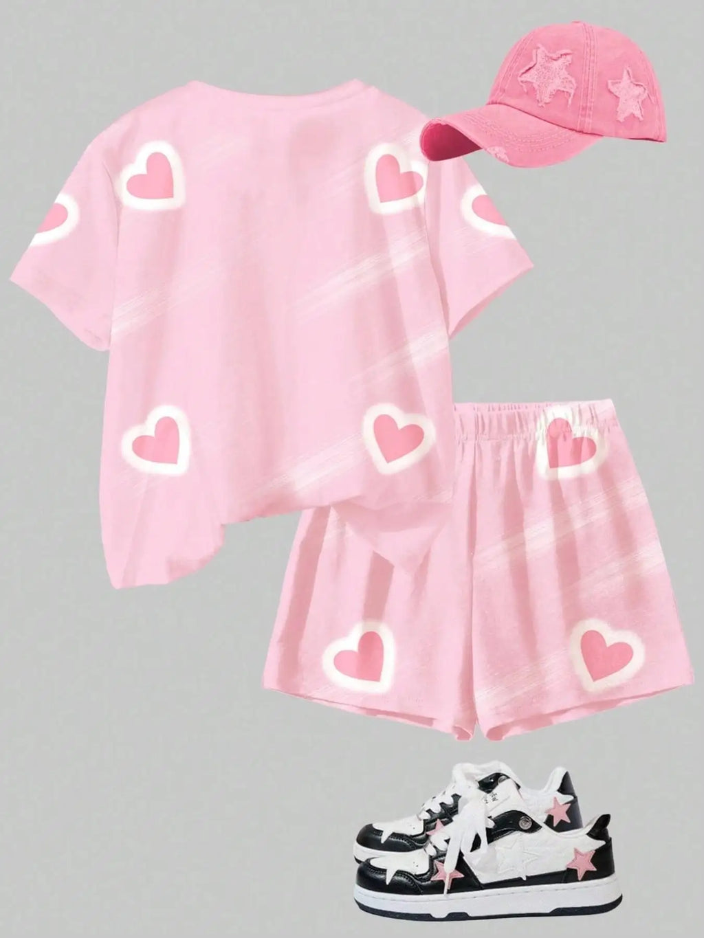 Girls' pink neon heart-outline K-pop idol-style two-piece outfit: a crew-neck short-sleeve T-shirt paired with heart-print short