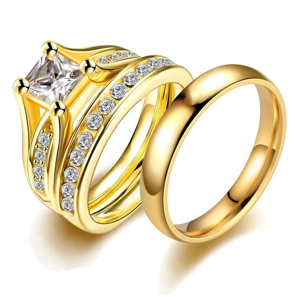 Fashion Couple Rings For Women Exquisite Rhinestones Zirconia Rings Set Simple Men Stainless Steel Rings Wedding Band Jewelry