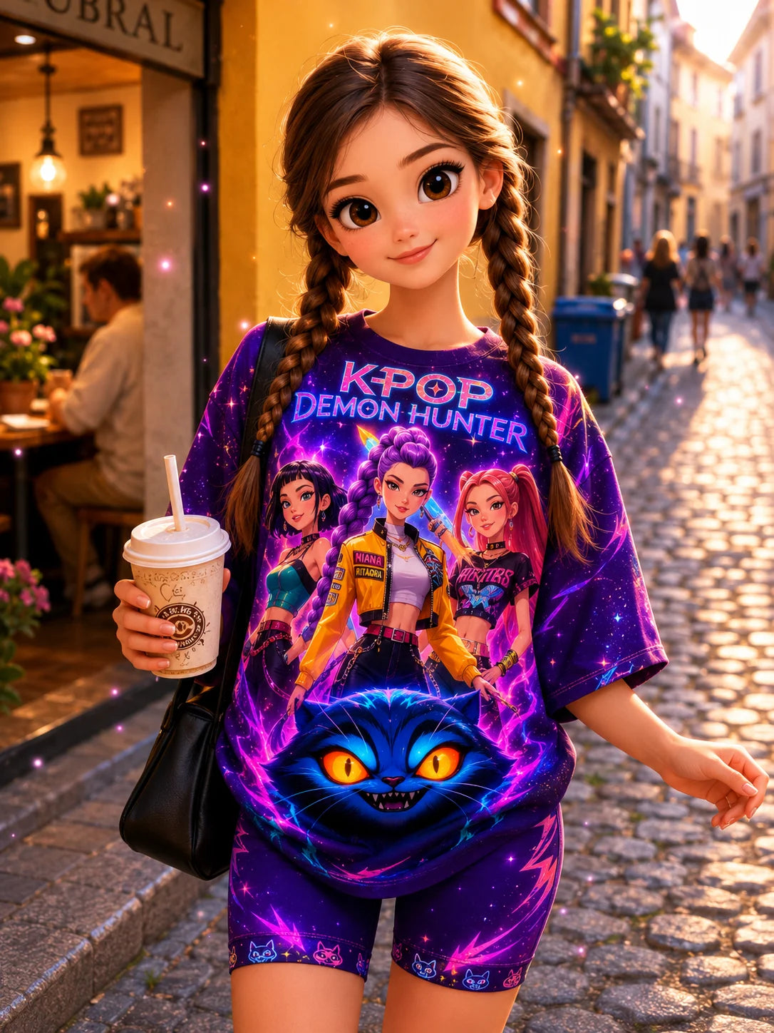 Girls Purple Galaxy KPop Demon Hunter 2Pcs Outfit Anime Girl & Magic Cat Print Tee Neon Cat Pattern Biker Shorts Kids Summer Set