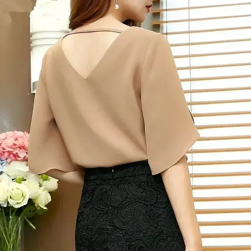 Women Chiffon Short Sleeve Shirt Sexy V-neck Loose Ruffled Chiffon Blouse.