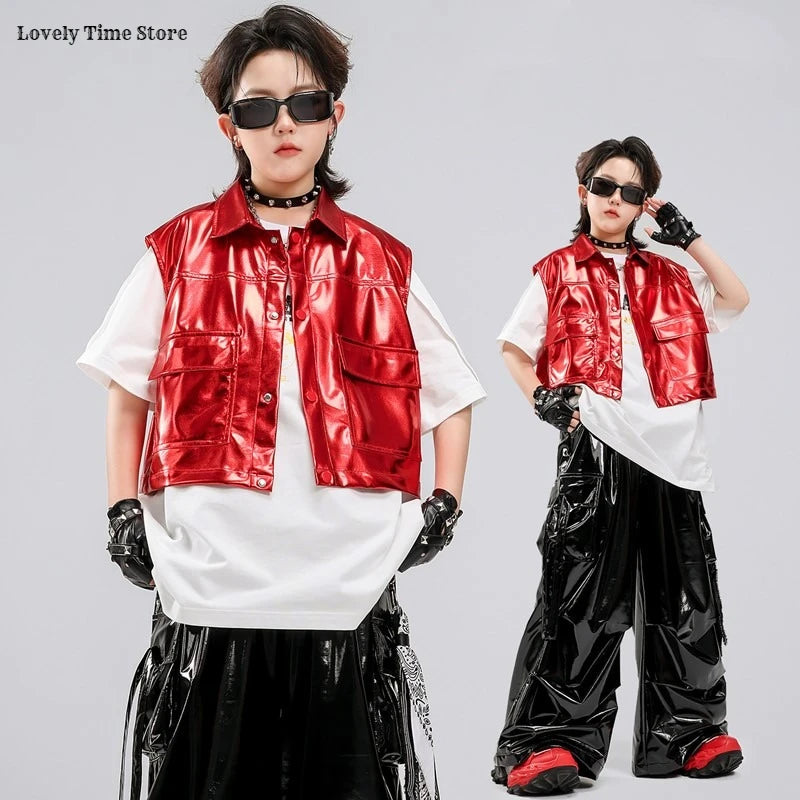 Boys Hip Hop Fashion Shiny Vest T-shirt Street Dance Cargo Pants Girls K-pop Clothes Sets Kids Jazz Costumes Children Streetwear