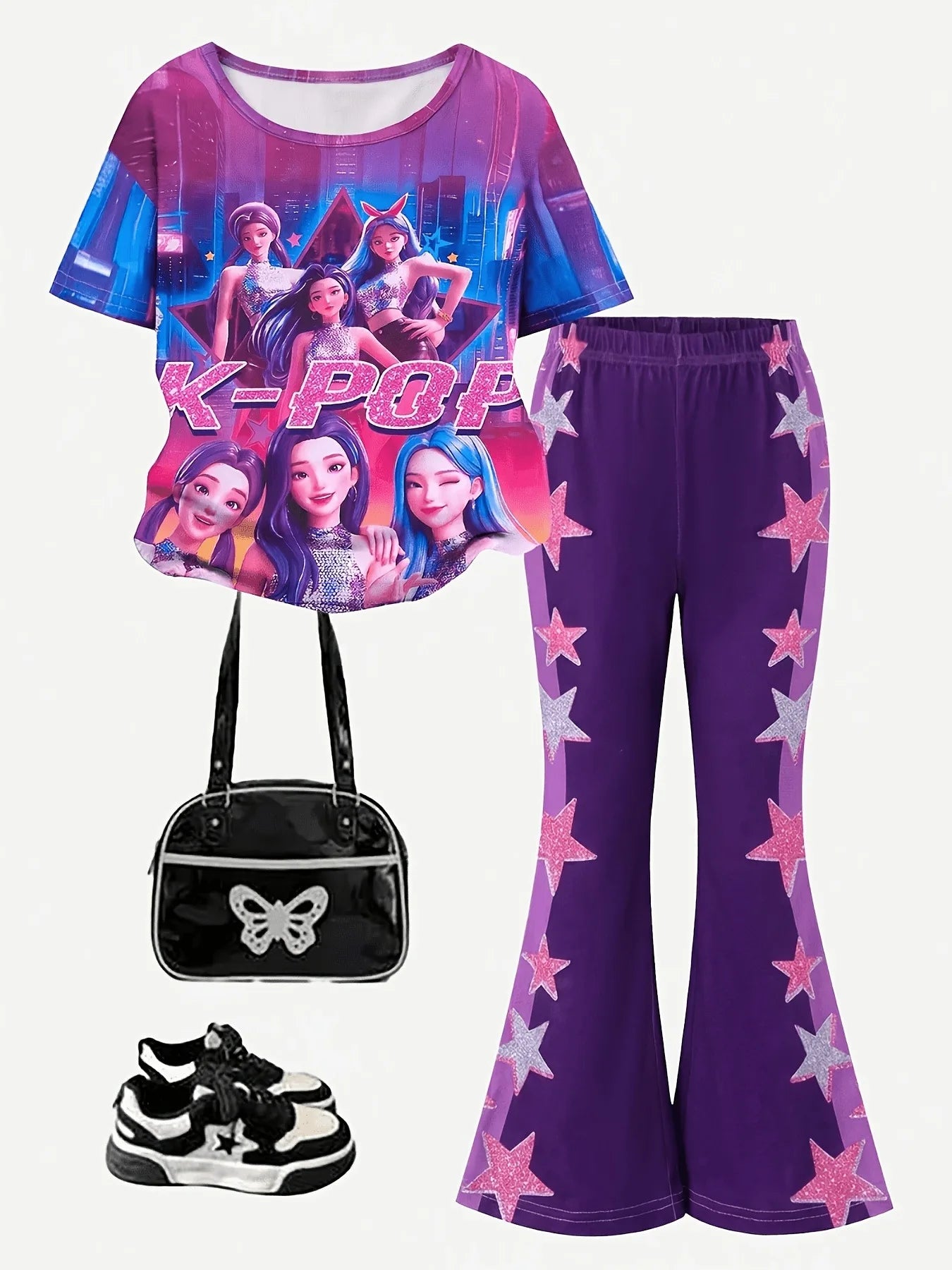 Kids Girls 2-Piece K-Pop Tracksuit, City Neon 4 Idol Girl Print Short Sleeve Tee & Purple Side Pink Silver Star Flared Pants