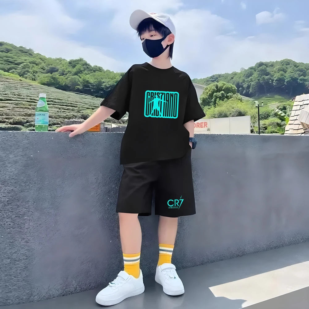 Children Summe cool Clothing Football Player No. 7 Short-sleeved T-shirt+Shorts black Boys Girls 3-12Yrs Toddler Sports Set