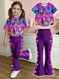 Kids Girls 2-Piece K-Pop Tracksuit, City Neon 4 Idol Girl Print Short Sleeve Tee & Purple Side Pink Silver Star Flared Pants