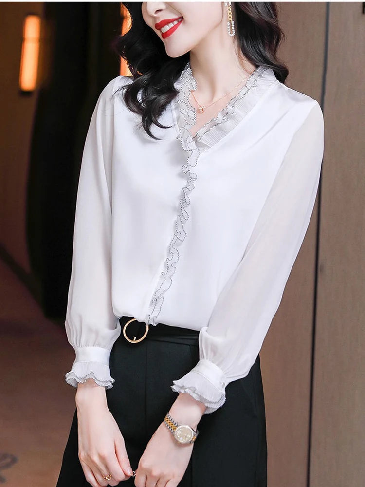 Elegant Women Chiffon Shirt Korean Blouse Office Lace Mesh Long Sleeve Ruffles V NeckTops Casual Vintage Pullovers Blusas 2022