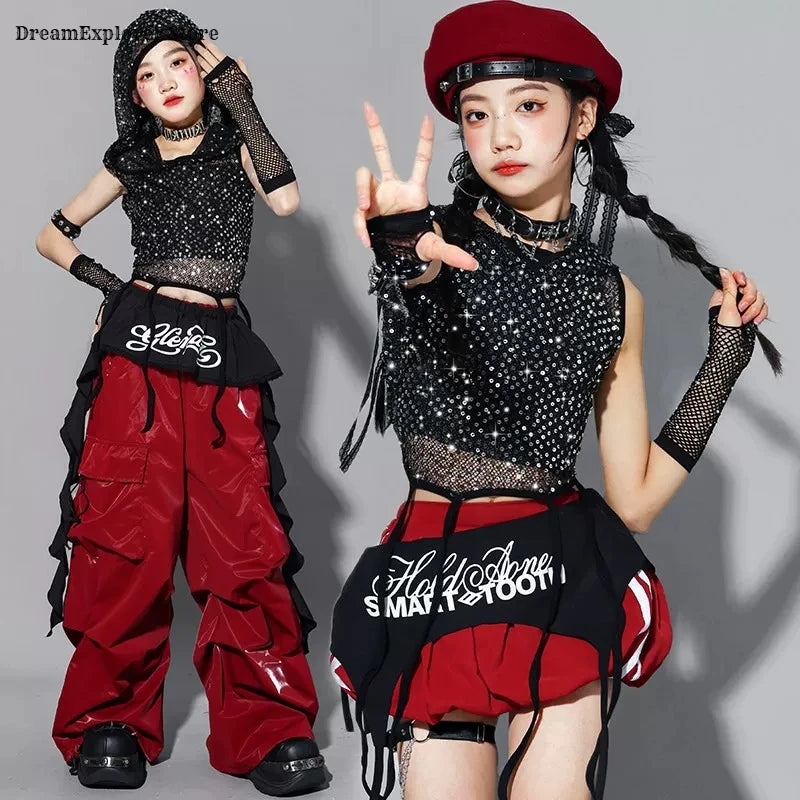 Girls K-pop Sequin Crop Hoodies Cargo Pants Street Dance Skirt Child Hip Hop Costume Kids Streetwear Jazz Girl Group Clothes Set