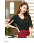 Women Chiffon Short Sleeve Shirt Sexy V-neck Loose Ruffled Chiffon Blouse.