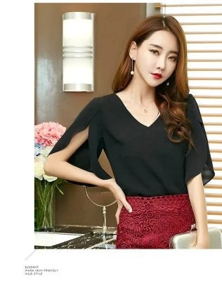 Women Chiffon Short Sleeve Shirt Sexy V-neck Loose Ruffled Chiffon Blouse.