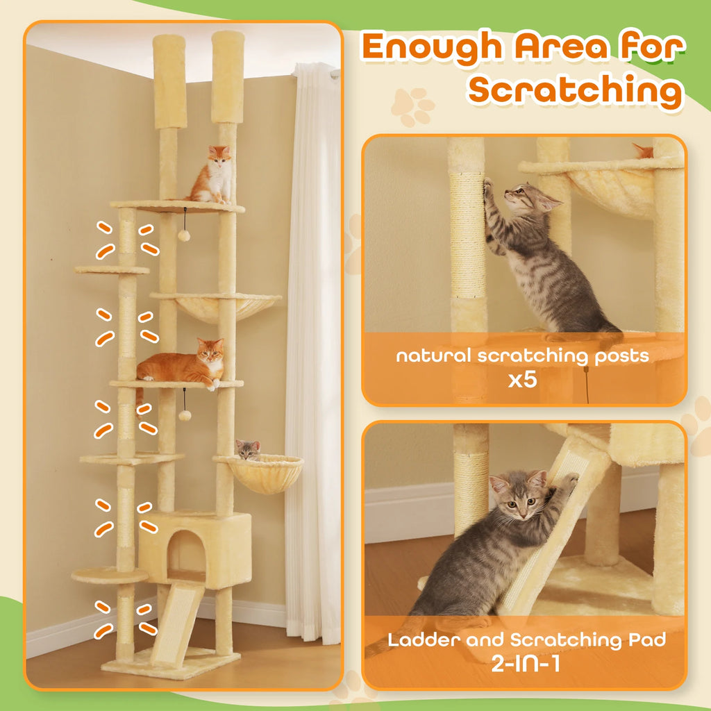 Adjustable Height Tall Cat Tree for Indoor Cats Floor to Ceiling Cat Tower with Sisal Scratching Post Cozy Hammock Large Condo Multi-Level Climbing Tree Cat Toys