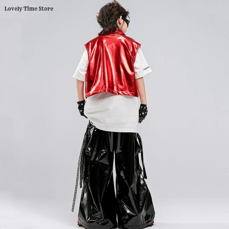 Boys Hip Hop Fashion Shiny Vest T-shirt Street Dance Cargo Pants Girls K-pop Clothes Sets Kids Jazz Costumes Children Streetwear
