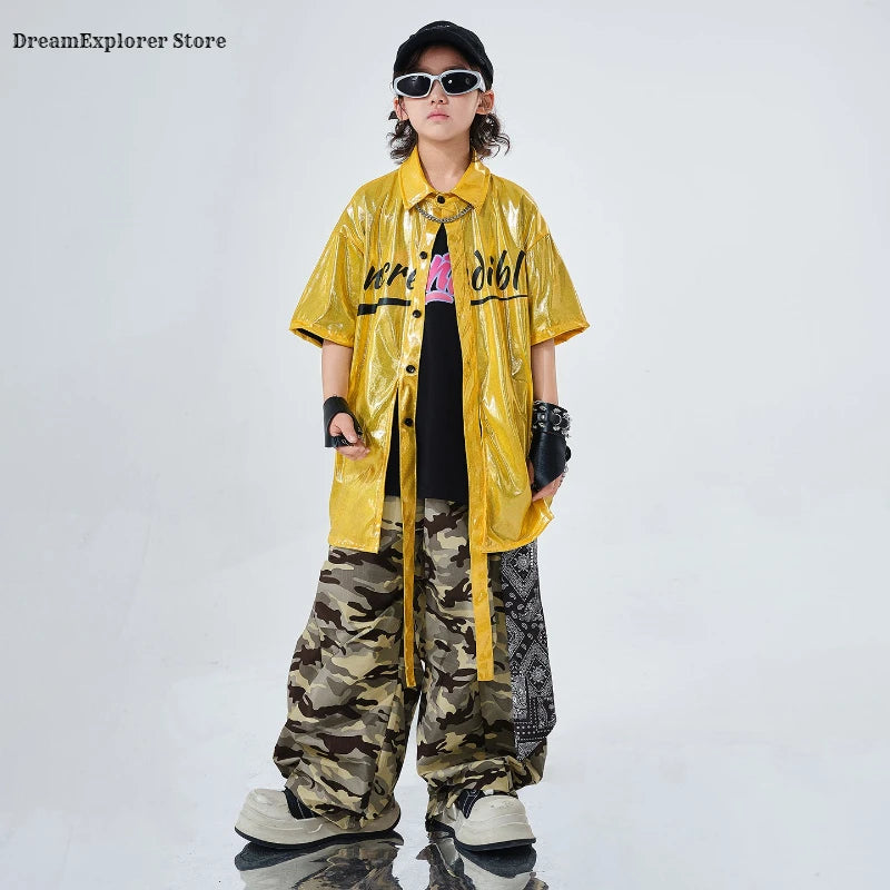 Hip Hop Boys Bright Shiny Shirt Camouflage Pants Girls K-pop Streetwear Children Street Dance Costumes Kids Jazz Clothes Sets