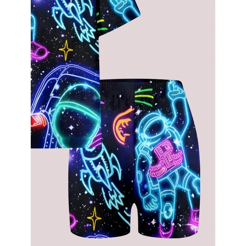 Neon Astronaut Space Print Casual 2PCS T-shirt and Shorts Set Suitable for Birthday Giving, Comfortable Casual Set