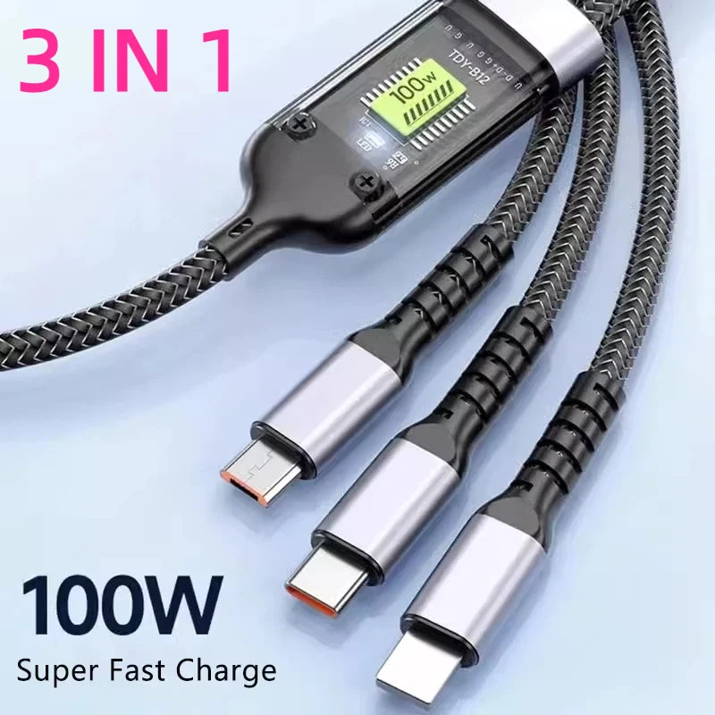 Câble de charge 3-en-1 100W USB-C Micro Lightning