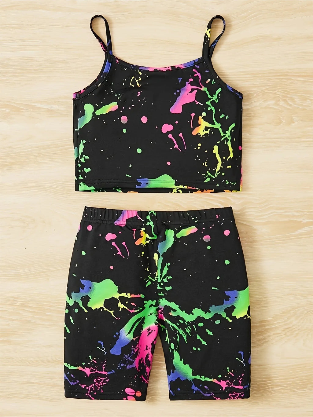 Neon Splatter Girls 2 Piece Shorts Set Black Cami Top & Colorful Print Stretch Pants Cute Casual Outfit