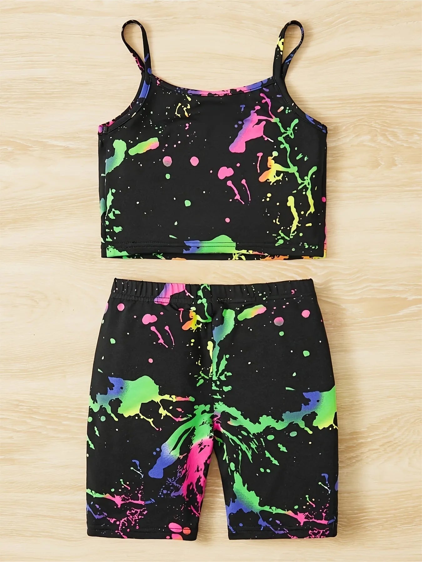 Neon Splatter Girls 2 Piece Shorts Set Black Cami Top & Colorful Print Stretch Pants Cute Casual Outfit