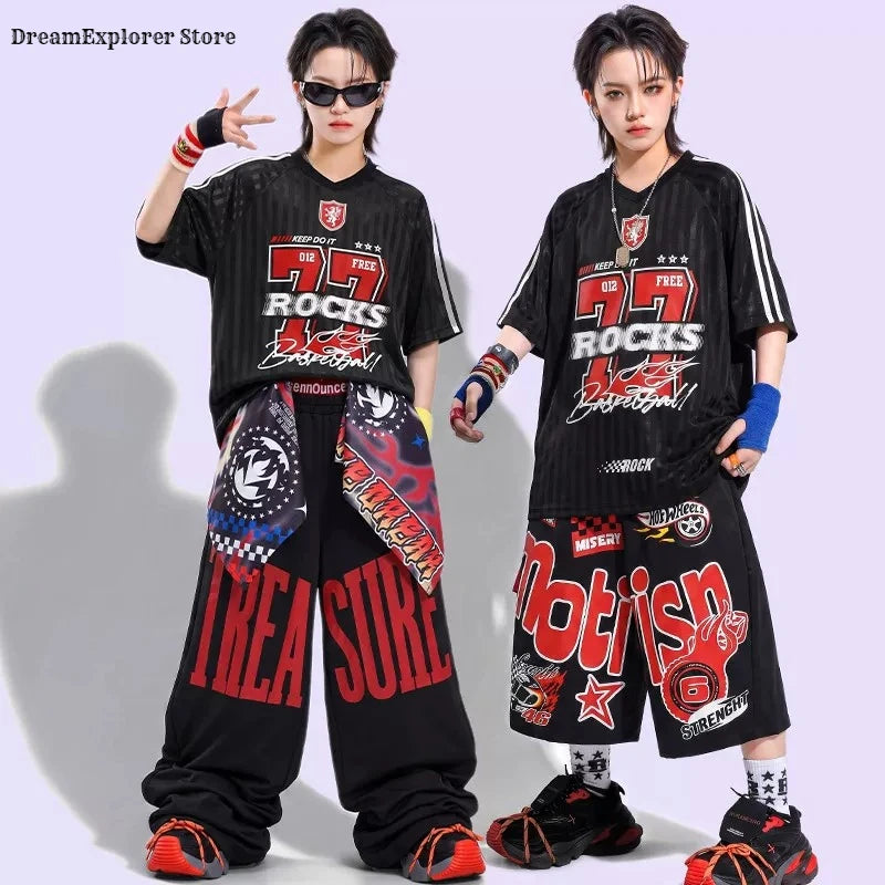 Hip Hop Boys Cool Letters T-shirt Street Dance Loose Pants Girls K-pop Costumes Children Streetwear Kids Jazz Stage Clothes Sets