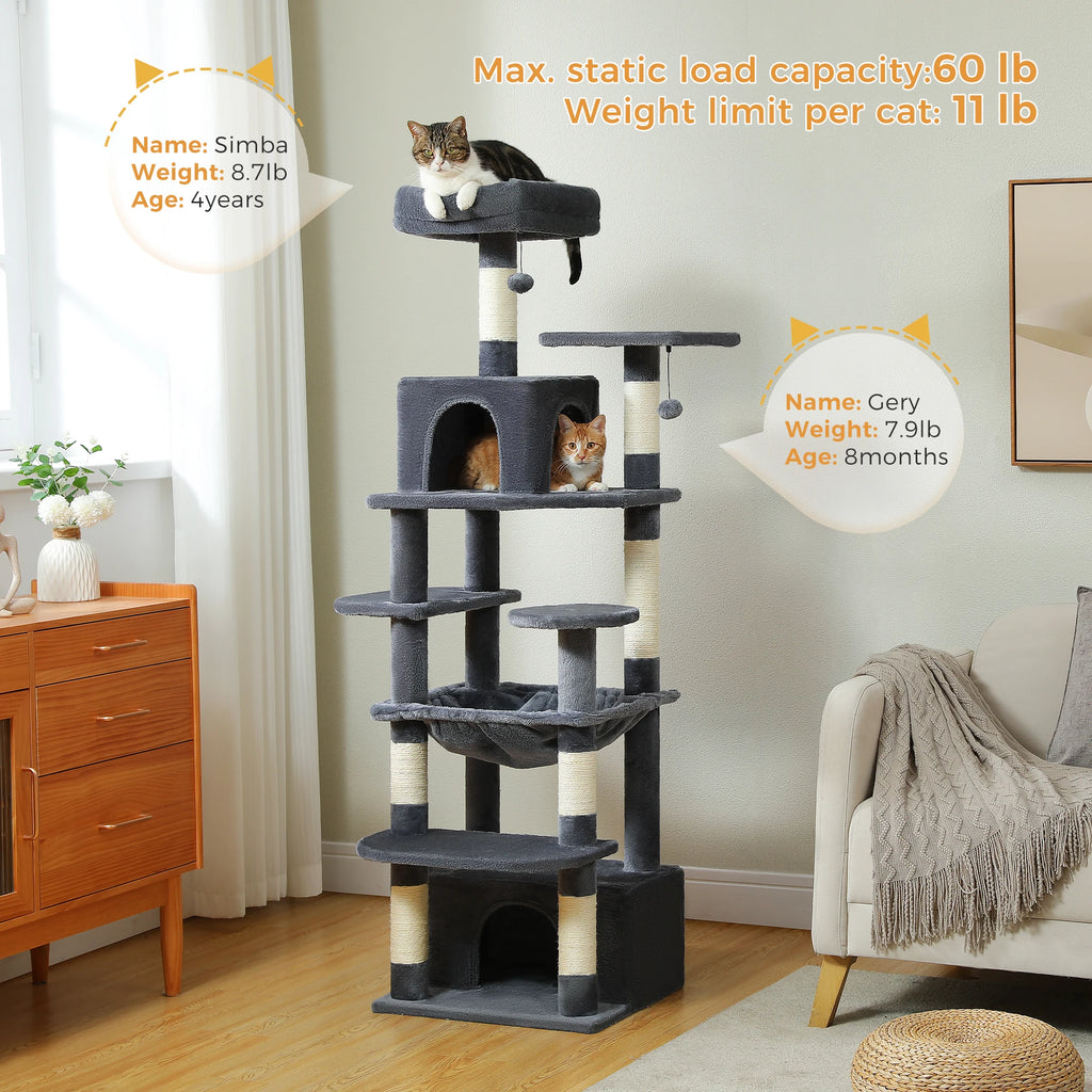 Multi-Level Large Cat Tree with Sisal-Covered Scratching Posts Cozy Condos Spacious Hammock Tall Cat Tower for Indoor Cat Toys