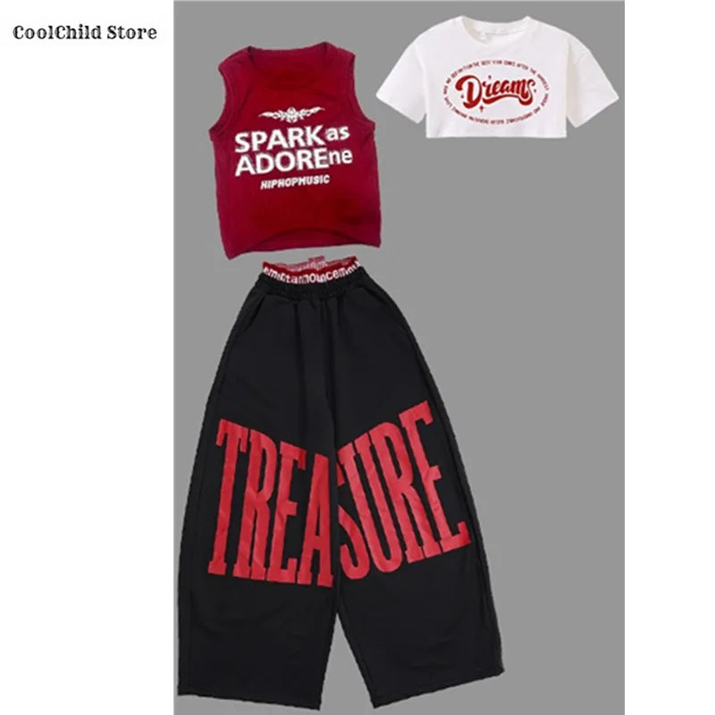 Girls Hip Hop Crop Top Loose Street Dance Letters Pants Children K-pop Streetwear Girl Group Clothes Set Kids Jazz Stage Costume