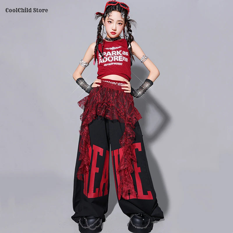 Girls Hip Hop Crop Top Loose Street Dance Letters Pants Children K-pop Streetwear Girl Group Clothes Set Kids Jazz Stage Costume