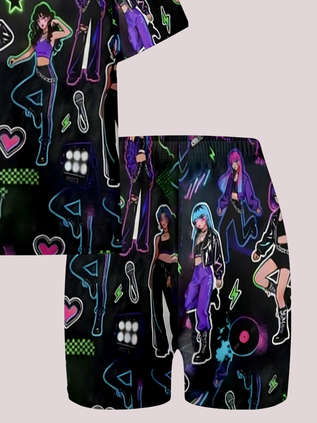 Neon K-Pop Idol Printed Casual 2PCS T-shirt and Shorts Set, Suitable for K-Pop Fans' Birthday Gifts Comfortable Casual Set