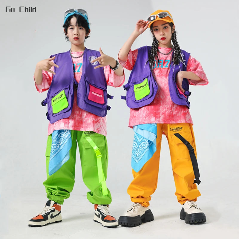 Boys Hip Hop Tie-dyed T-shirt Vest Street Dance Cargo Pants Girls Colorful Tee Clothes Sets Kids Streetwear Child Jazz Costumes