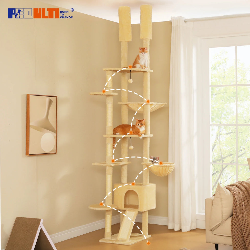 Adjustable Height Tall Cat Tree for Indoor Cats Floor to Ceiling Cat Tower with Sisal Scratching Post Cozy Hammock Large Condo Multi-Level Climbing Tree Cat Toys