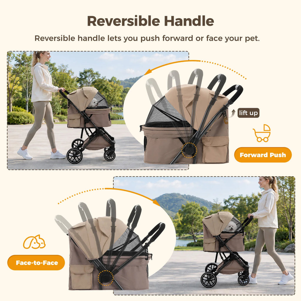 Foldable Pet Stroller for Small Medium Dogs & Cats One-Click Fold Dog Stroller with Reversible Handle Storage Basket Cup Holder Safety Tether Removable Washable Pad Large Cat Stroller Pet Suplies for Outdoor