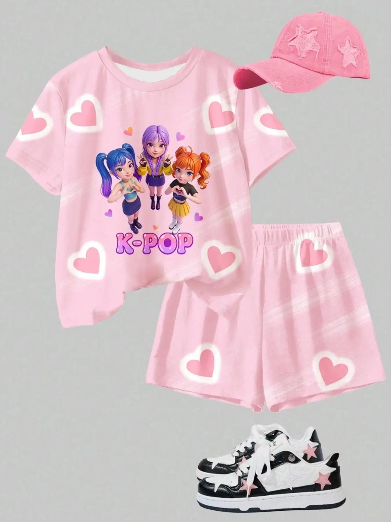 Girls' pink neon heart-outline K-pop idol-style two-piece outfit: a crew-neck short-sleeve T-shirt paired with heart-print short