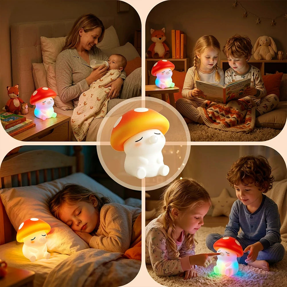 Mushroom Night Light Squishy Silicone Nursery Lamp With Tap Control Warm Light and RGB Color Changing Bedside Sleep Light