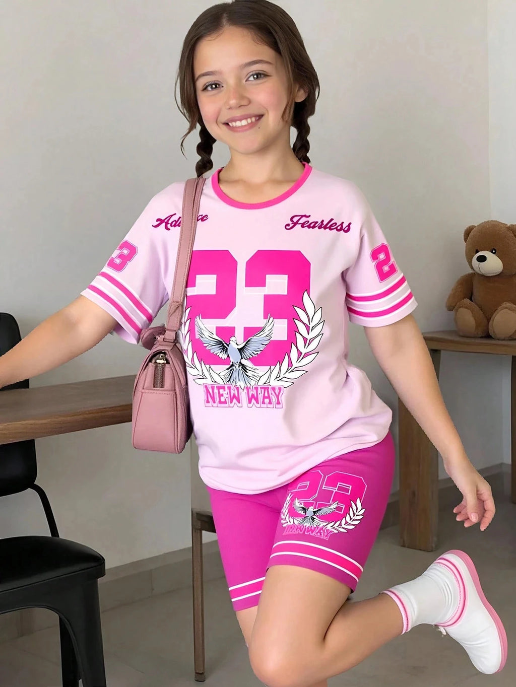 Little Girl Neon City KPOP3 Anime Idol Printed T-shirt Solid Color Purple Cycling Shorts2-piece Fashion Pop Music Children's Set