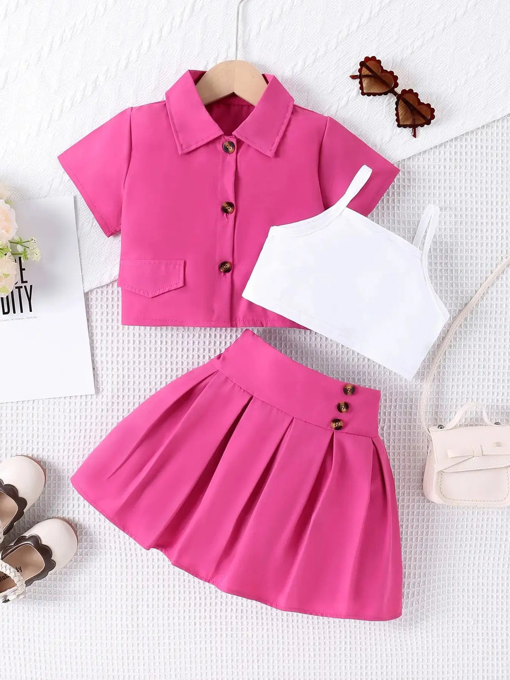 4 5 6 7 Years New Girls Clothing Sets Lapel Fluorescent Color Set 3 Piece Camisole Vest + Lapel Top Short Skirt Set Kids Clothes