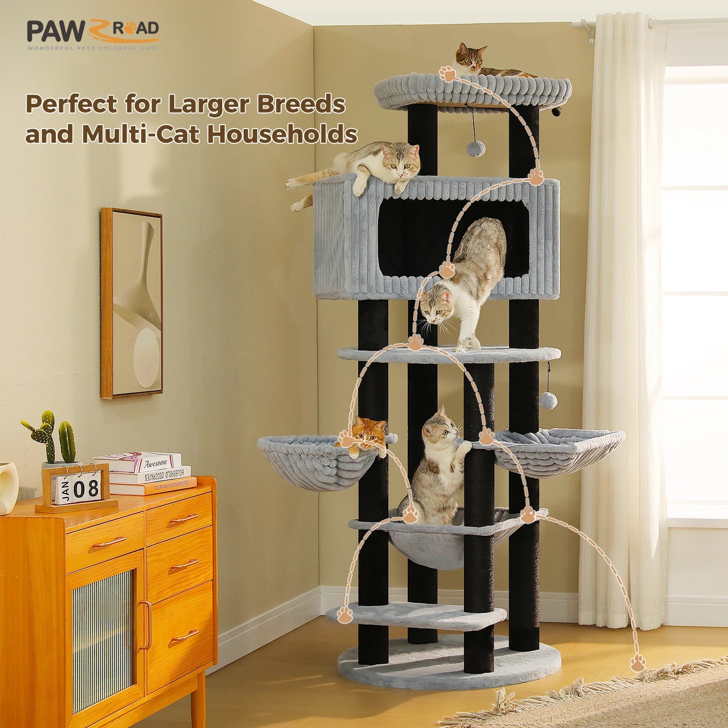Multi-Level Cat Tree with Spacious Condo Thick Sisal Scratching Posts Oversized Top Perch Tall Cat Tower for Indoor Large Cats