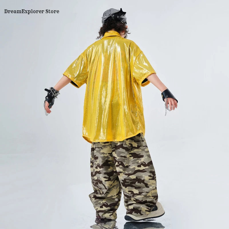 Hip Hop Boys Bright Shiny Shirt Camouflage Pants Girls K-pop Streetwear Children Street Dance Costumes Kids Jazz Clothes Sets