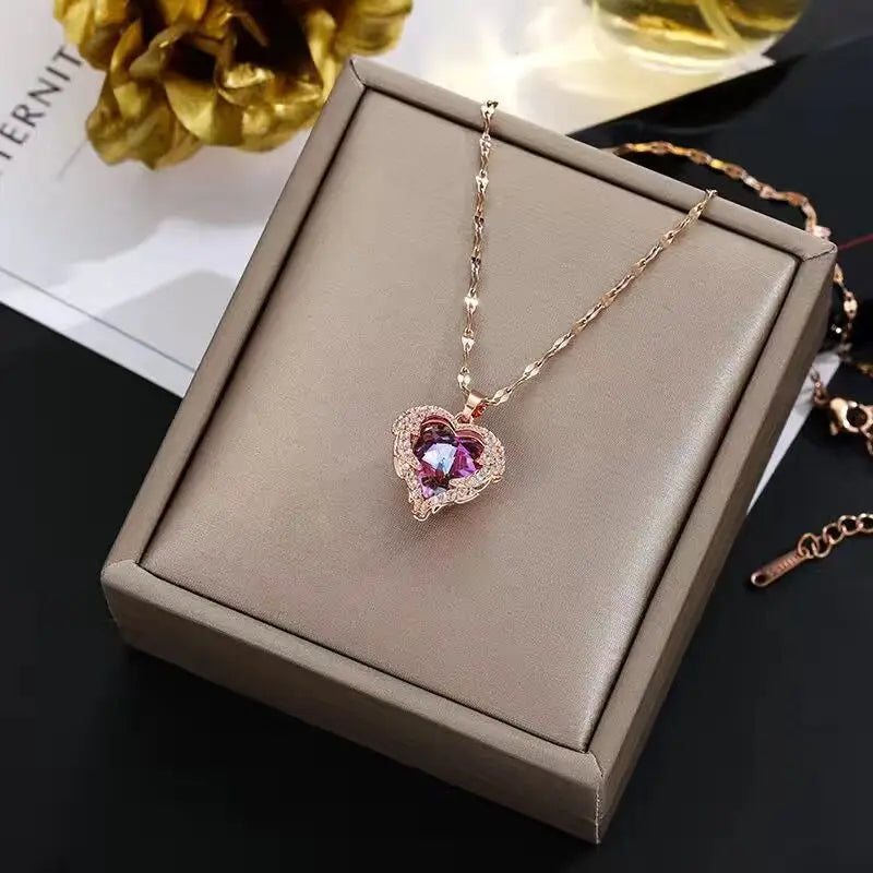 Collier Femme Acier Inoxydable Pendentif Cœur Cristal