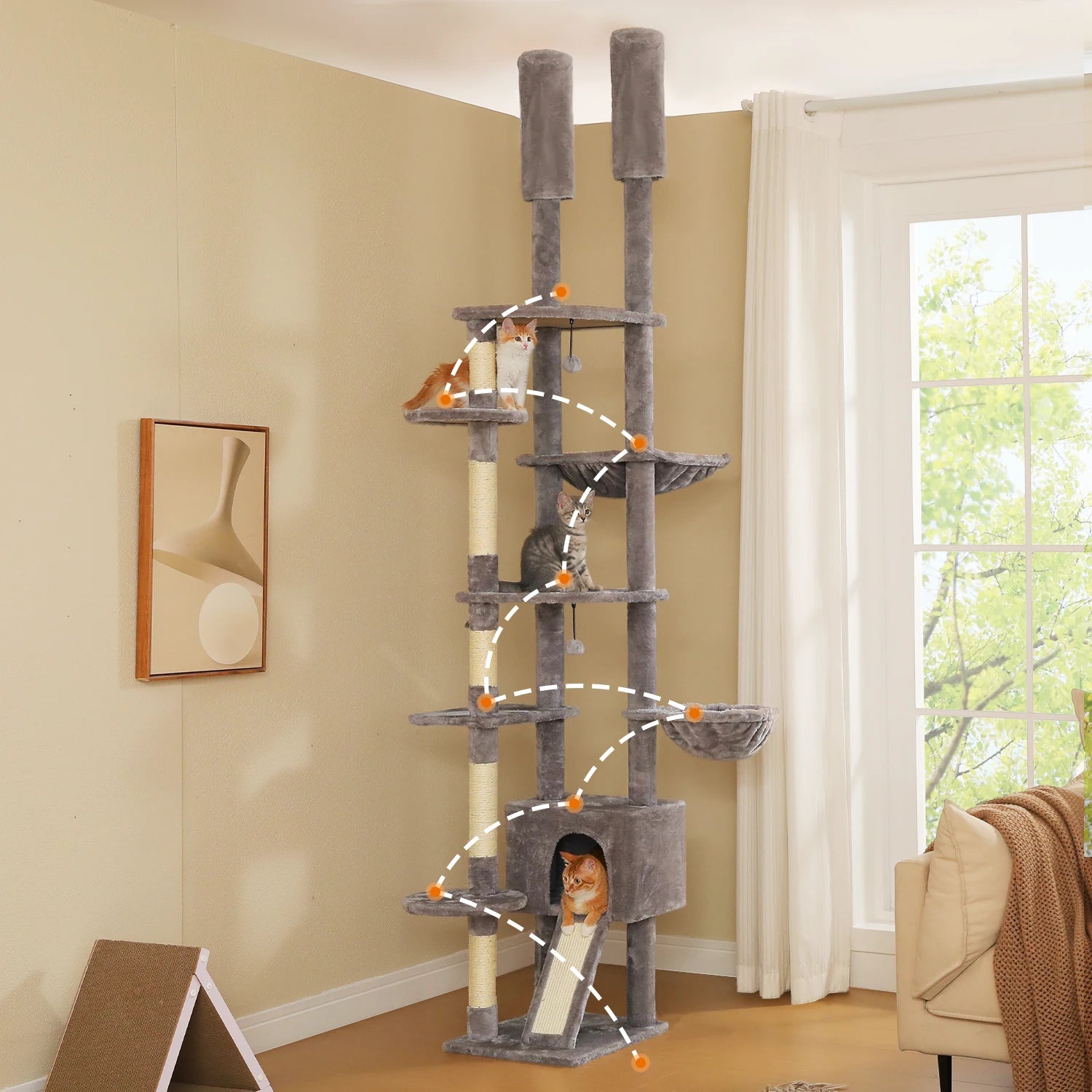 Adjustable Height Tall Cat Tree for Indoor Cats Floor to Ceiling Cat Tower with Sisal Scratching Post Cozy Hammock Large Condo Multi-Level Climbing Tree Cat Toys