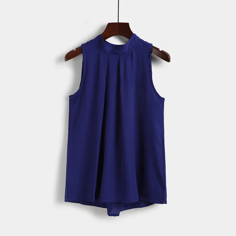 Women's Chiffon Blouse sleeveless double pleated casual shirt