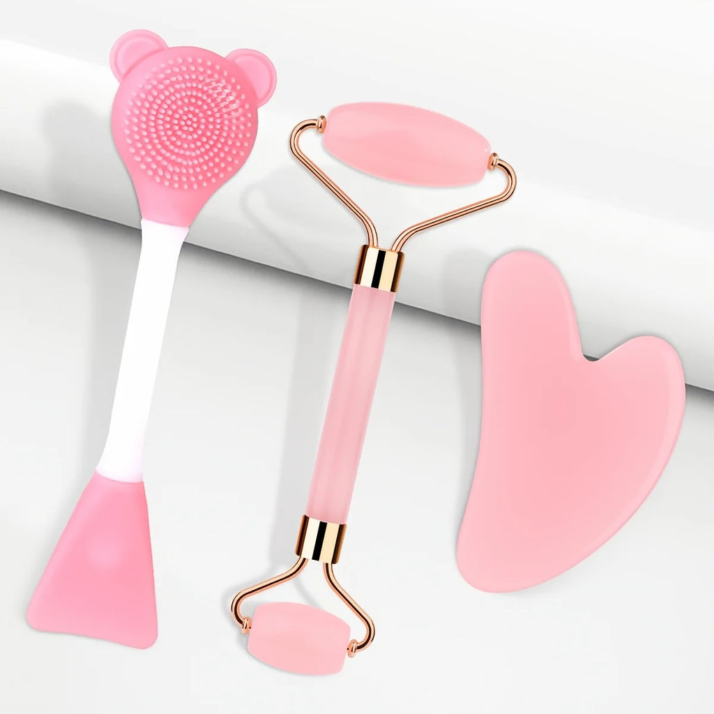 Natural Jade Facial Roller Scraping Board Set Face Neck Body Skin Care Beauty Tools Portable Rose Quartz Facial Massager Tools