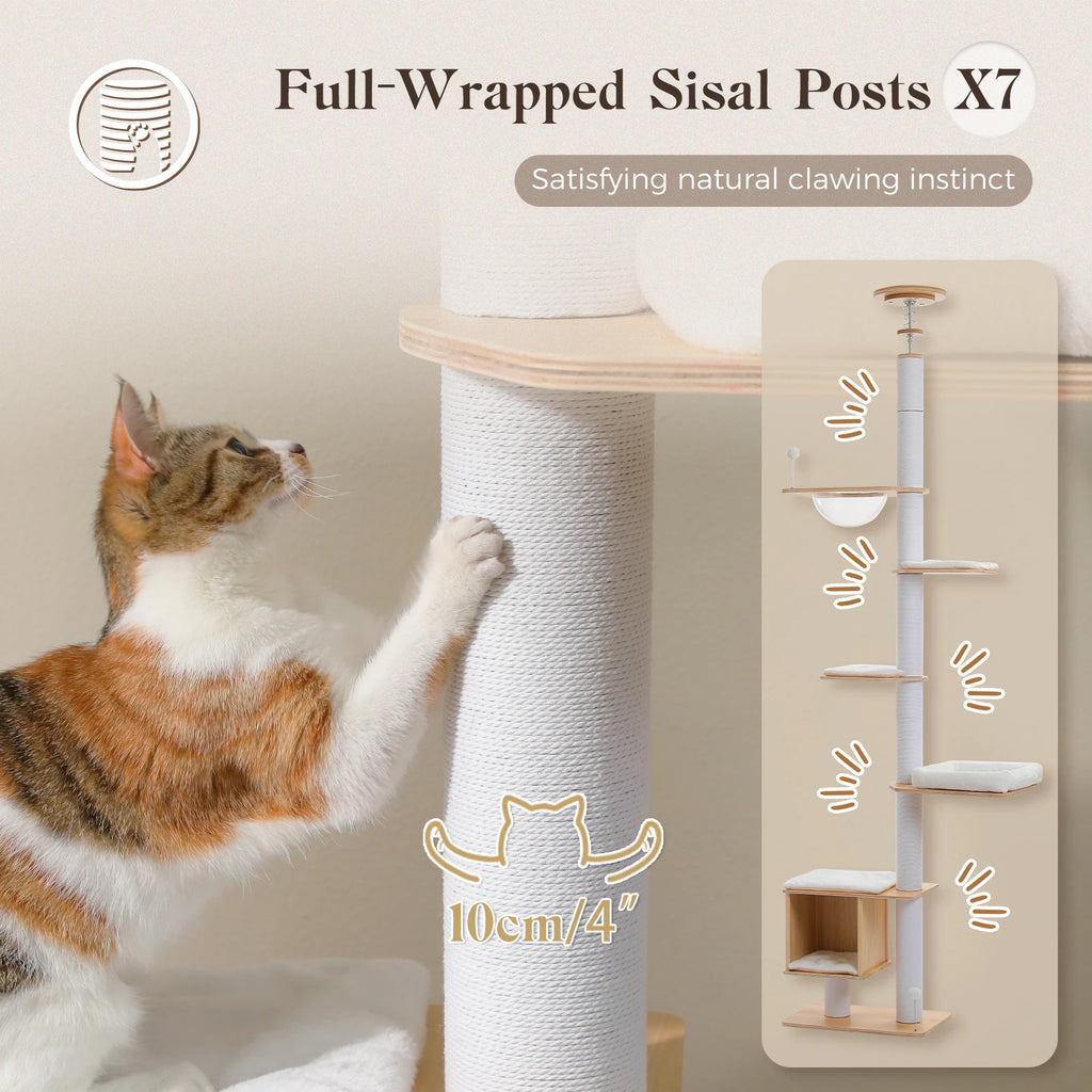 Floor to Ceiling Cat Tree for Indoor Height Adjustable Cat Tower with Sisal Scratching Posts Large Condo Acrylic Capsule Washable Mats Modern Wood Cat Furniture Cat Toys