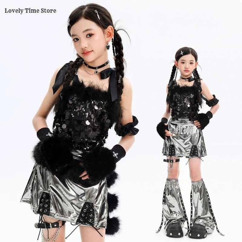 Hip Hop Girls Sequin Crop Top Silver Street Dance Shorts Kids K-pop Streetwear Costumes Children Jazz Girl Group Clothes Sets