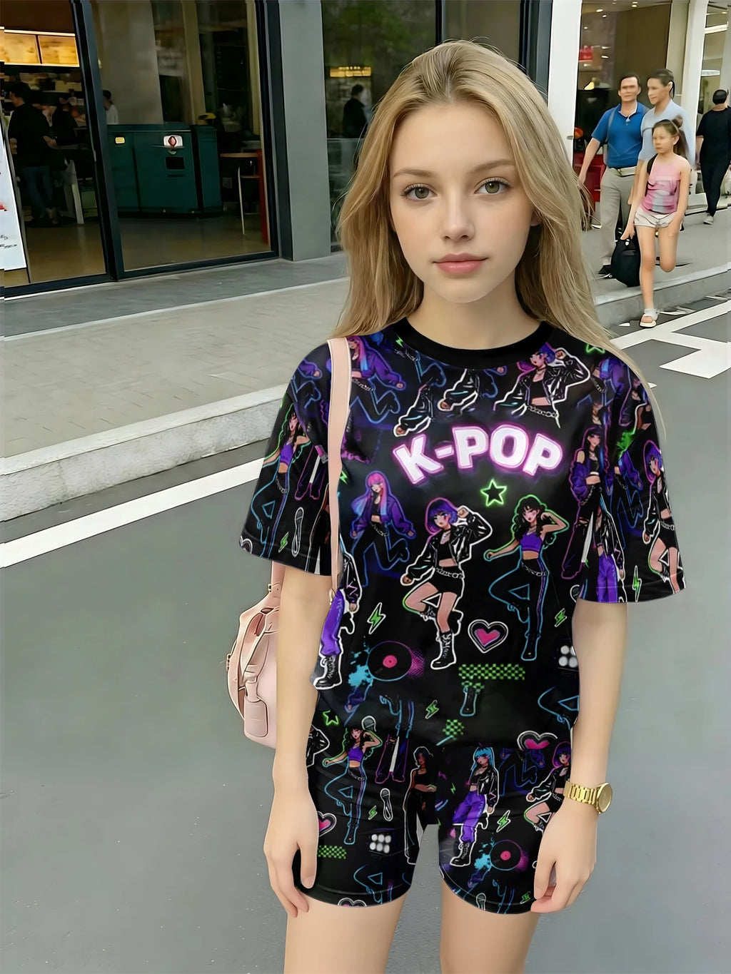Neon K-Pop Idol Printed Casual 2PCS T-shirt and Shorts Set, Suitable for K-Pop Fans' Birthday Gifts Comfortable Casual Set
