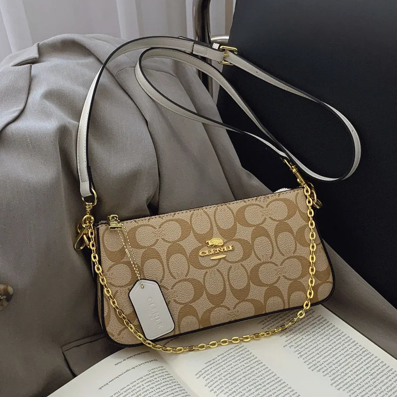 High-end Style Handbag with Chain Strap for Women, Vintage Print, Elegant Crossbody Bag, Shoulder Bag, Slant Bag, New