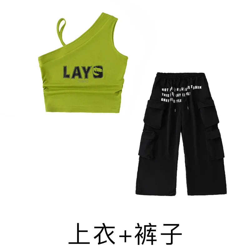 Girls Hip Hop Dance Outfit Neon Green Sleeveless Top with Black Letter Print Pants for Teenage Stage Street Wear Clothes Set