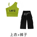 Girls Hip Hop Dance Outfit Neon Green Sleeveless Top with Black Letter Print Pants for Teenage Stage Street Wear Clothes Set