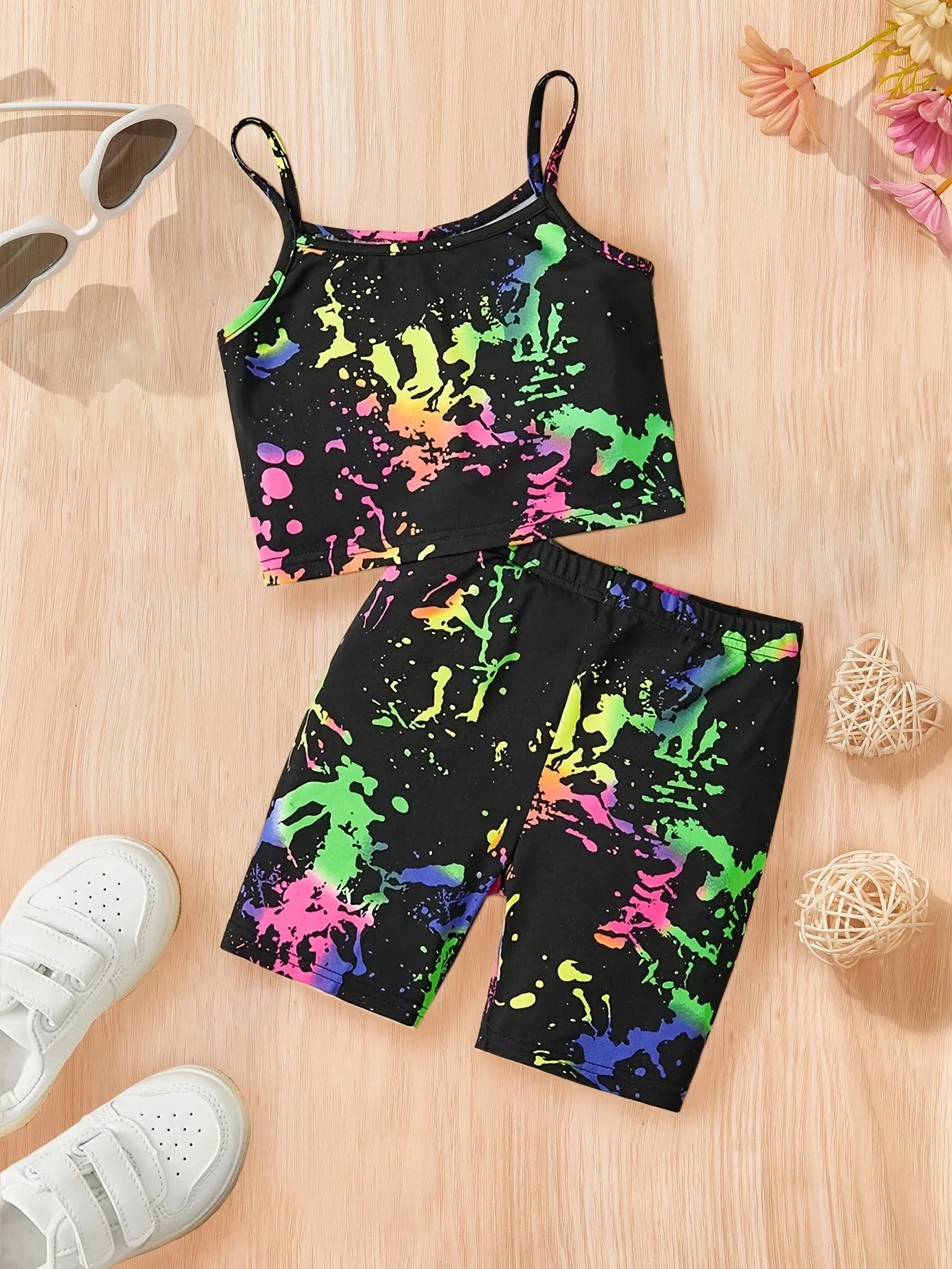 Neon Splatter Girls 2 Piece Shorts Set Black Cami Top & Colorful Print Stretch Pants Cute Casual Outfit
