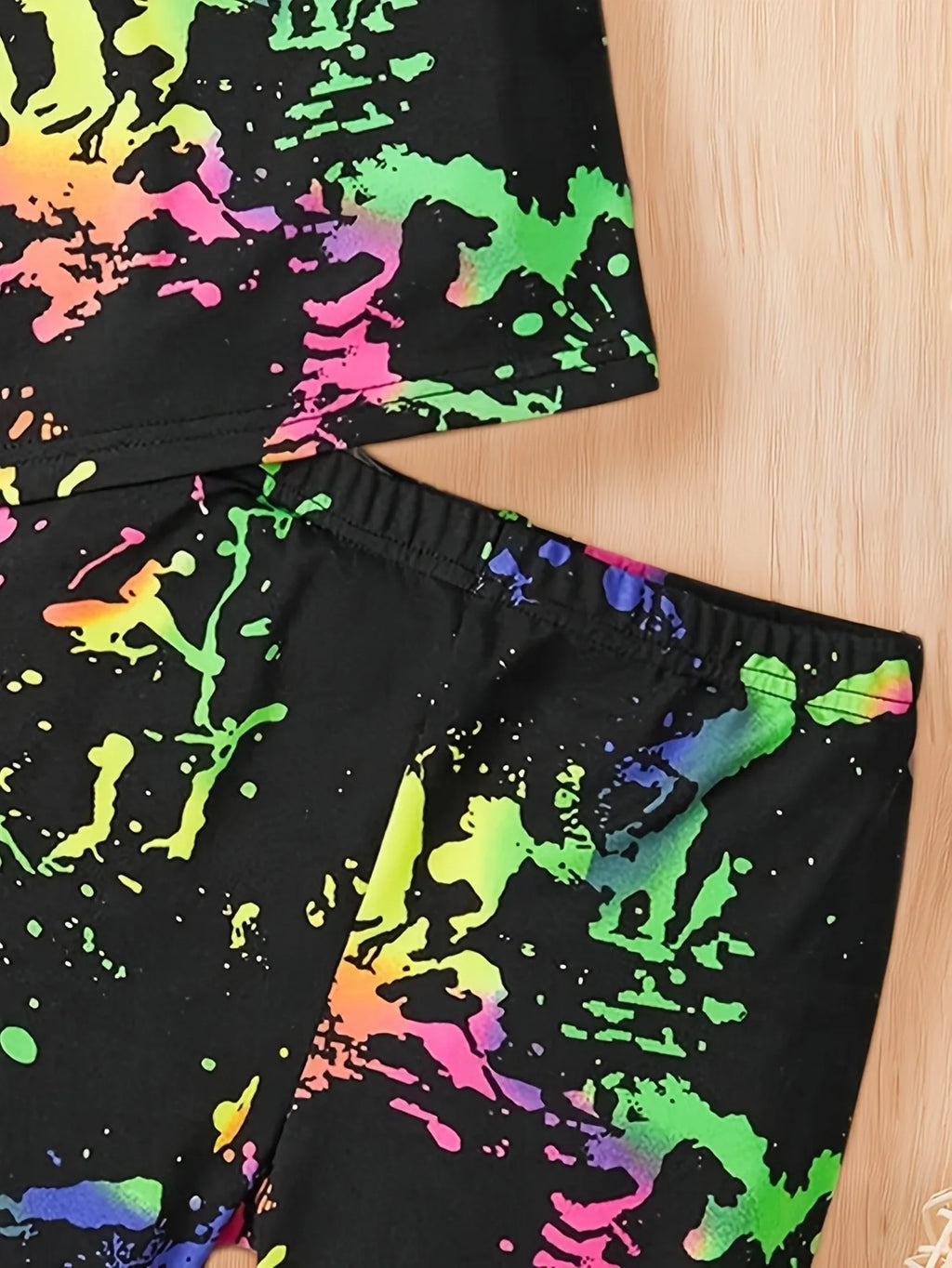 Neon Splatter Girls 2 Piece Shorts Set Black Cami Top & Colorful Print Stretch Pants Cute Casual Outfit