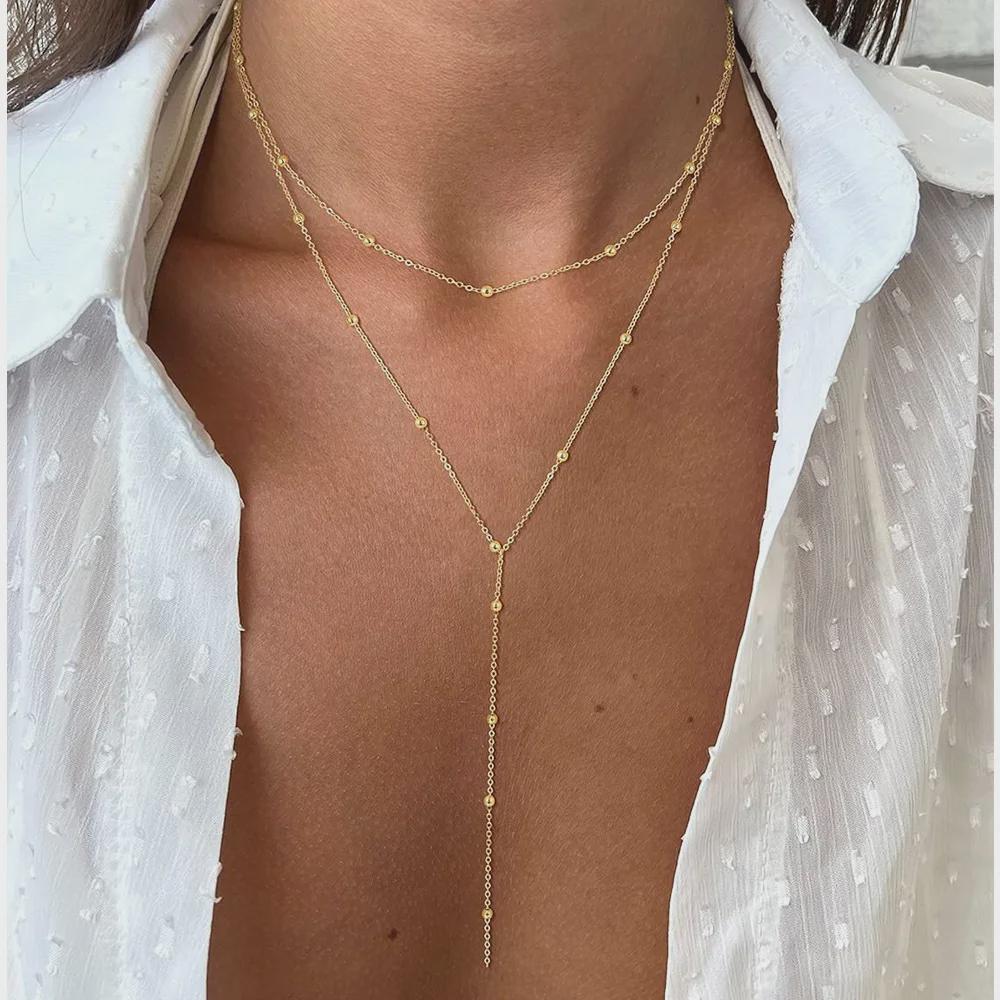Collier Lariat Y Doré | Plaqué Or 14K Acier Inoxydable | Collier Superposable Minimaliste | Waterproof | Cadeau
